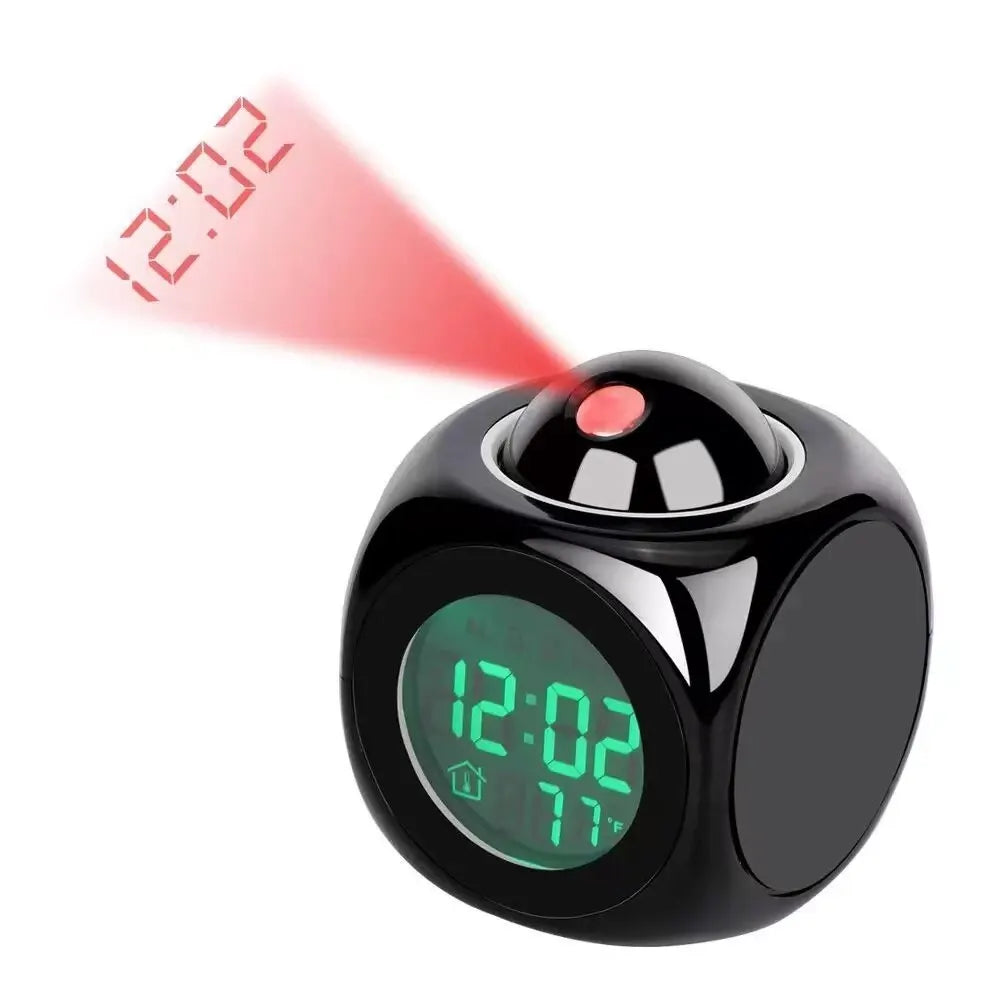 "Réveil numérique LED ProjecTime avec projection horaire sur mur, design compact moderne, écran lumineux."