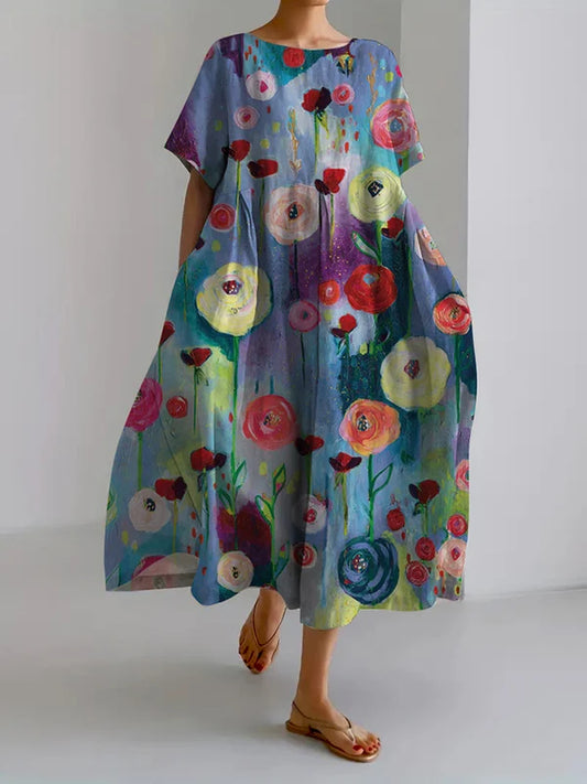 "Robe ample femme avec motif peinture à l'huile, élégante et confortable, tissu léger, coupe fluide, style artistique."