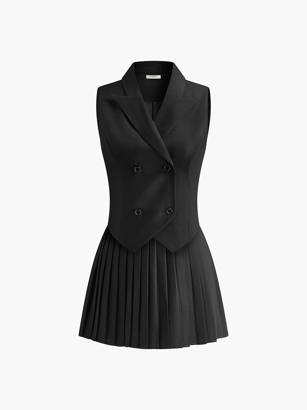 "Robe blazer sans manches élégante, design plissé chic, coupe ajustée, col à revers, parfaite pour occasions spéciales."