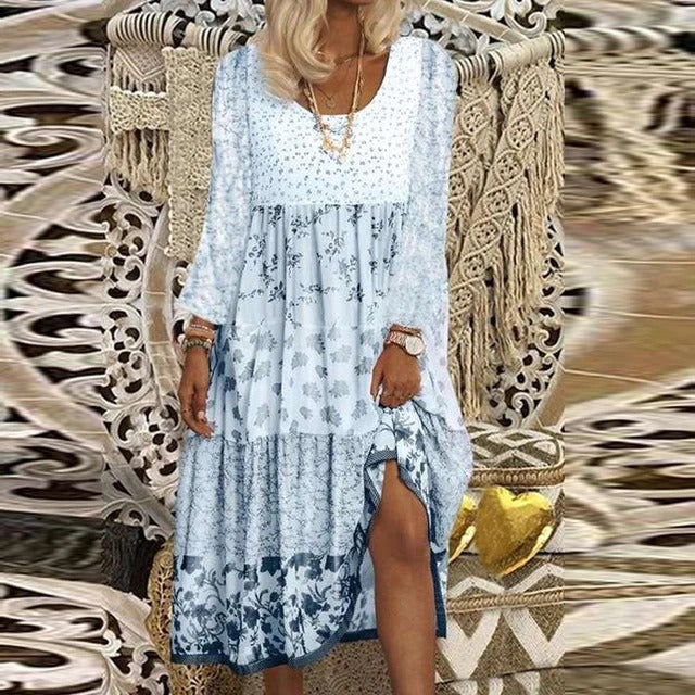 Robe boho pour femme avec imprimé floral, col en O, tissu fluide en viscose, confortable et élégante, mode décontractée.