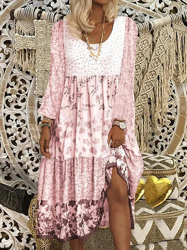 Robe boho pour femme avec imprimé floral, col en O, tissu fluide en viscose, confortable et élégante, mode décontractée.