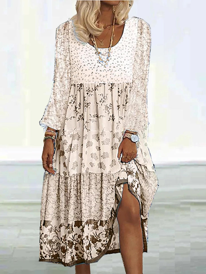 Robe boho pour femme avec imprimé floral, col en O, tissu fluide en viscose, confortable et élégante, mode décontractée.