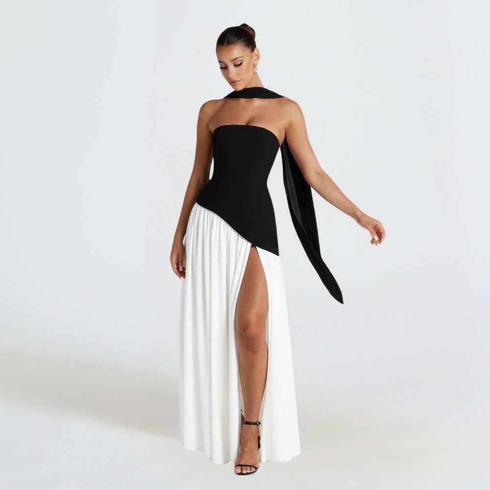 "Robe bustier sans bretelles jaune avec fente haute, élégante et moderne, pour événements spéciaux, femmes."