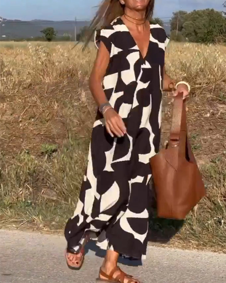 Robe Camille imprimé élégant col V, vue de face, robe féminine tendance pour femmes, tissu doux et respirant.