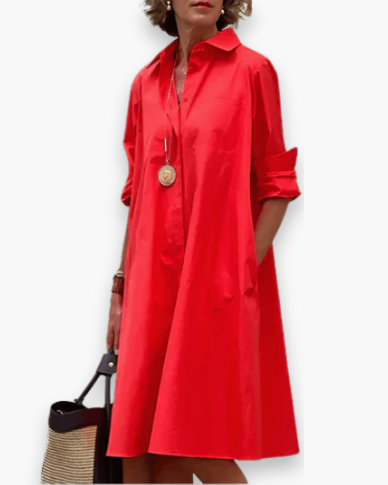 "Robe chemise ample femme, élégante coupe moderne, style contemporain, tissu léger, flatte toutes les morphologies."
