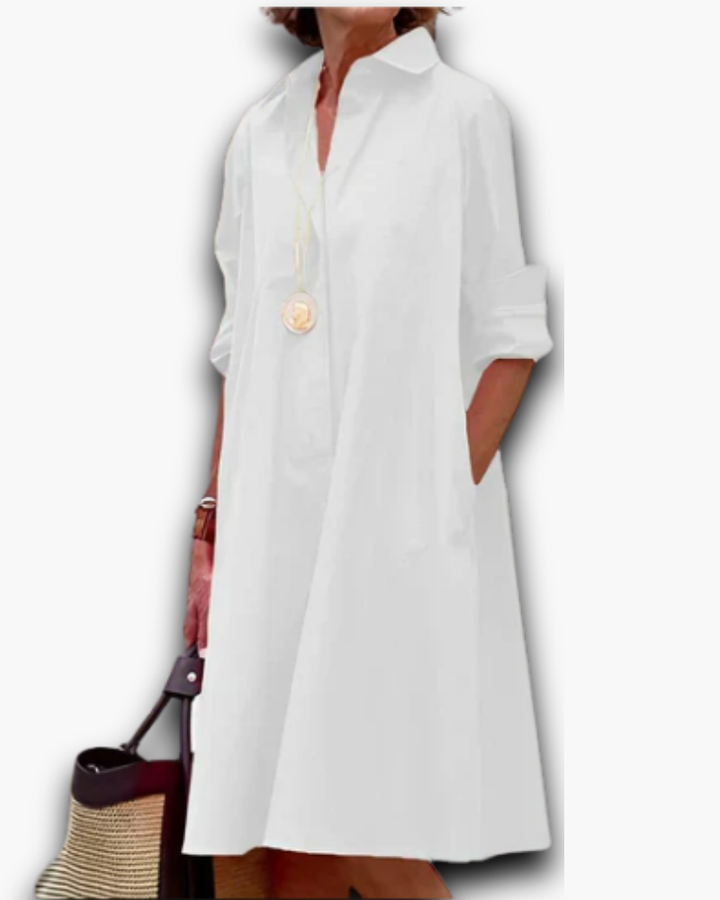 "Robe chemise ample femme, élégante coupe moderne, style contemporain, tissu léger, flatte toutes les morphologies."