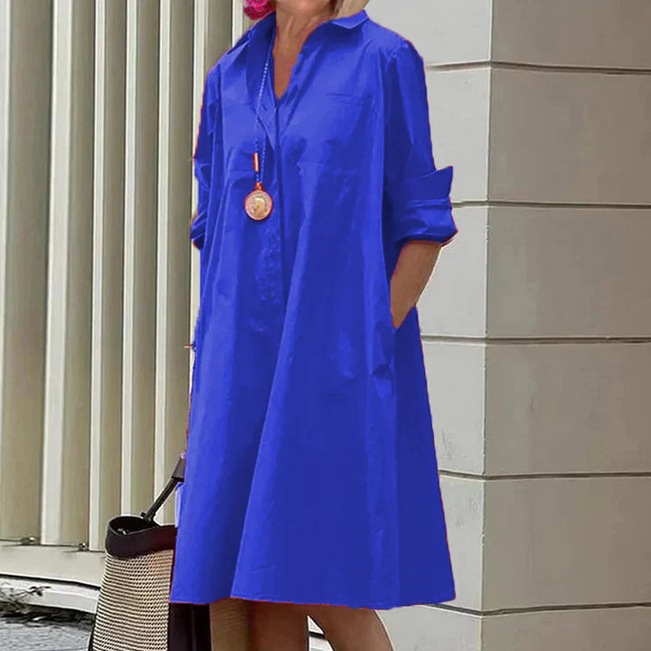 "Robe chemise Charlotte élégante, vue frontale, polyvalente, silhouette flatteuse, parfaite pour toutes occasions."