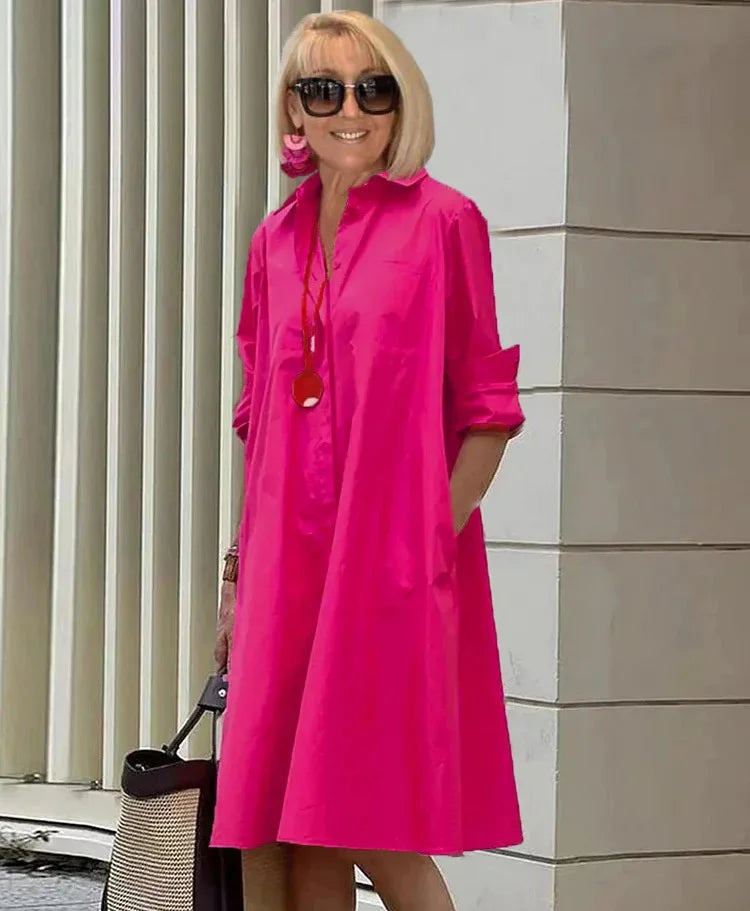 "Robe chemise Charlotte élégante, vue frontale, polyvalente, silhouette flatteuse, parfaite pour toutes occasions."