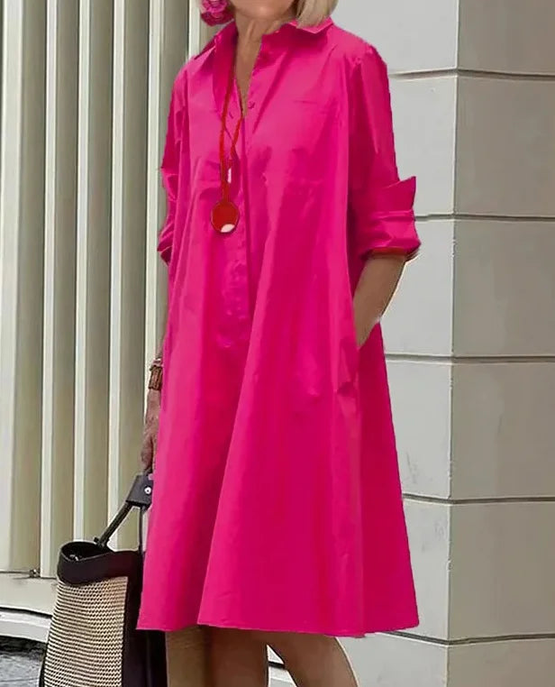 "Robe chemise Charlotte élégante, vue frontale, polyvalente, silhouette flatteuse, parfaite pour toutes occasions."