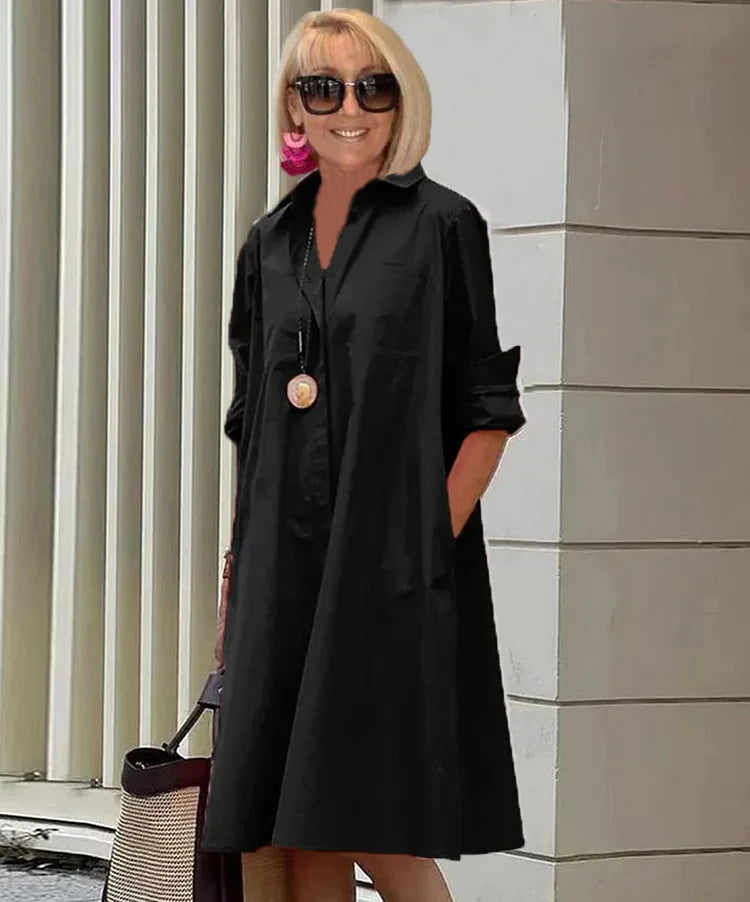 "Robe chemise Charlotte élégante, vue frontale, polyvalente, silhouette flatteuse, parfaite pour toutes occasions."