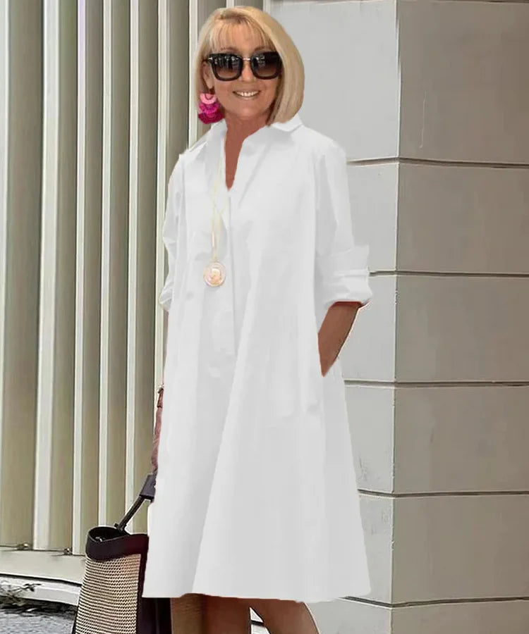 "Robe chemise Charlotte élégante, vue frontale, polyvalente, silhouette flatteuse, parfaite pour toutes occasions."