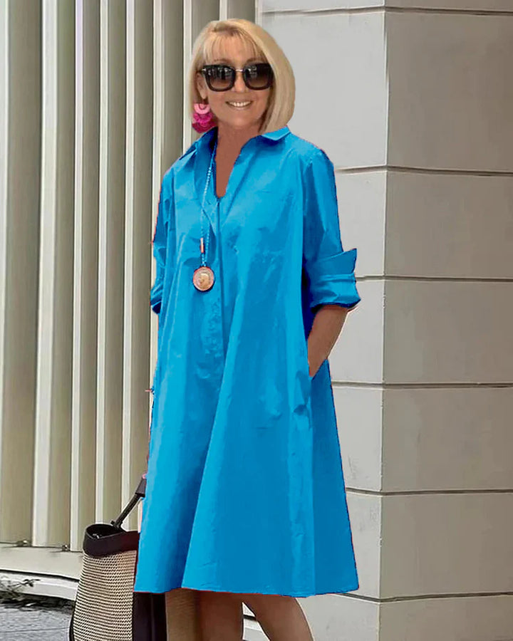 "Robe chemise Charlotte élégante, vue frontale, polyvalente, silhouette flatteuse, parfaite pour toutes occasions."