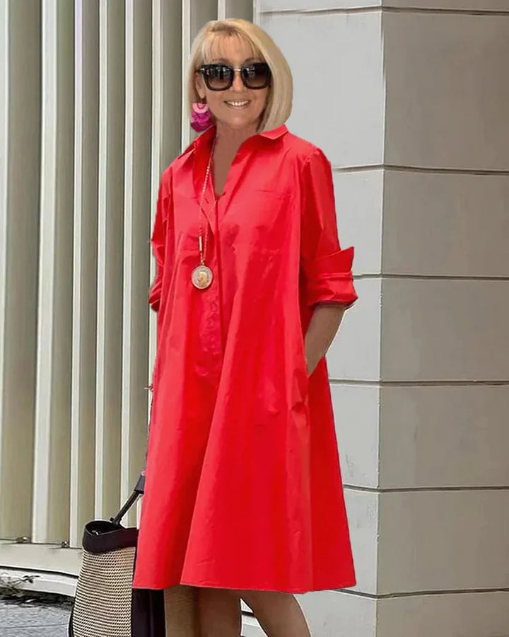 "Robe chemise Charlotte élégante, vue frontale, polyvalente, silhouette flatteuse, parfaite pour toutes occasions."