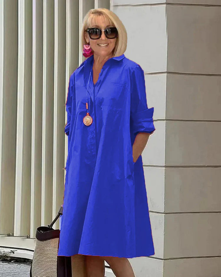 "Robe chemise Charlotte élégante, vue frontale, polyvalente, silhouette flatteuse, parfaite pour toutes occasions."