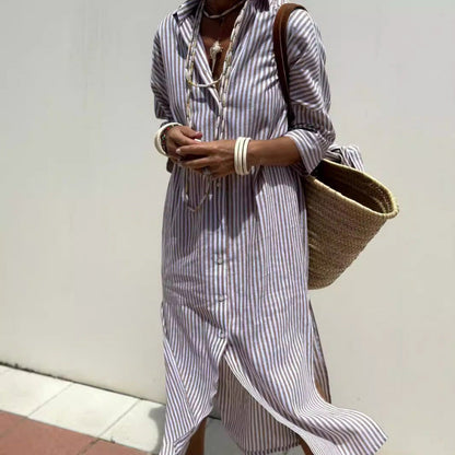 Robe chemise femme en coton léger, manches longues, coupe décontractée, élégante et idéale pour diverses occasions.