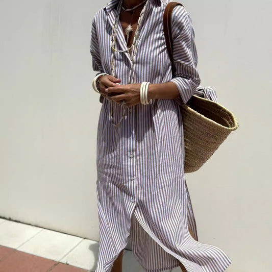 Robe chemise femme en coton léger, manches longues, coupe décontractée, élégante et idéale pour diverses occasions.