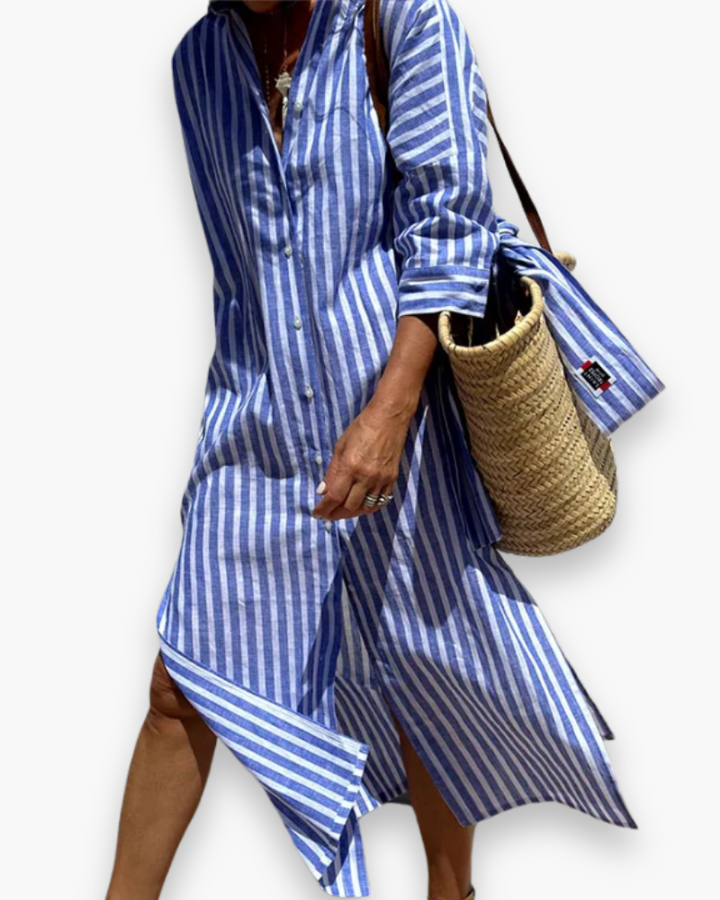 "Robe chemise maxi fluide à rayures élégantes, vue de face, chic décontracté pour femme"