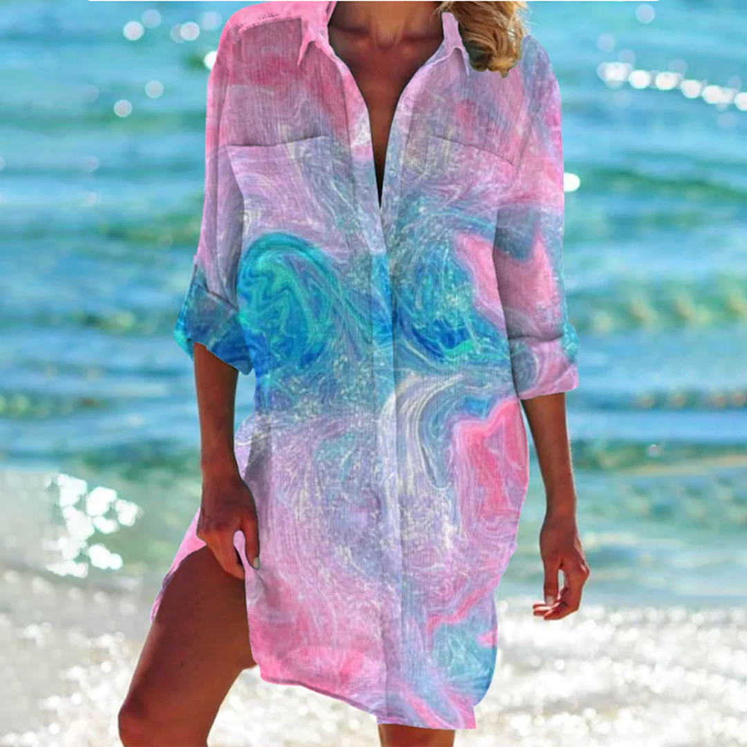 "Robe chemise Sophie élégante bleu corail, détails soignés, coupe flatteuse, parfait pour bureau ou sorties, confort optimal"