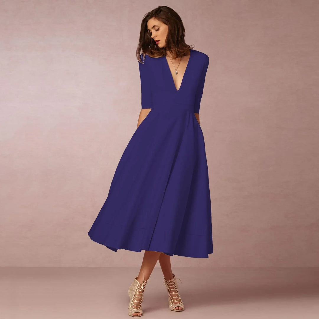 "Robe de soirée élégante midi, coupe gracieuse, vue avant, parfait pour occasions spéciales, design moderne"