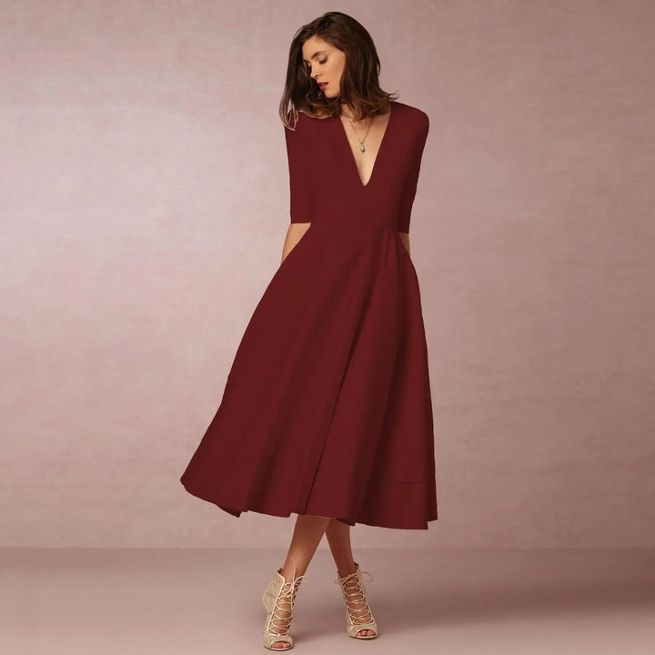 "Robe de soirée élégante midi, coupe gracieuse, vue avant, parfait pour occasions spéciales, design moderne"