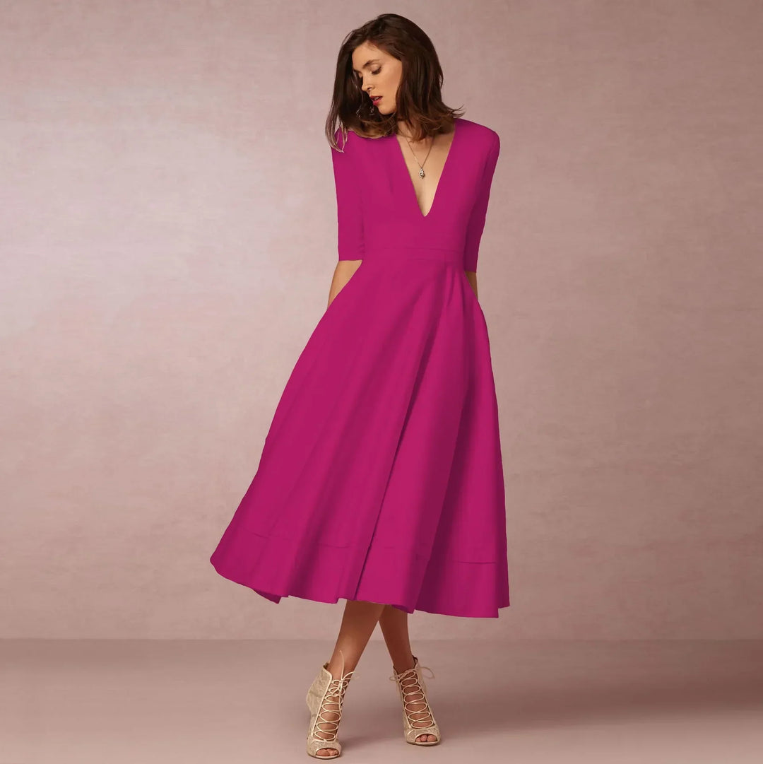 "Robe de soirée élégante midi, coupe gracieuse, vue avant, parfait pour occasions spéciales, design moderne"