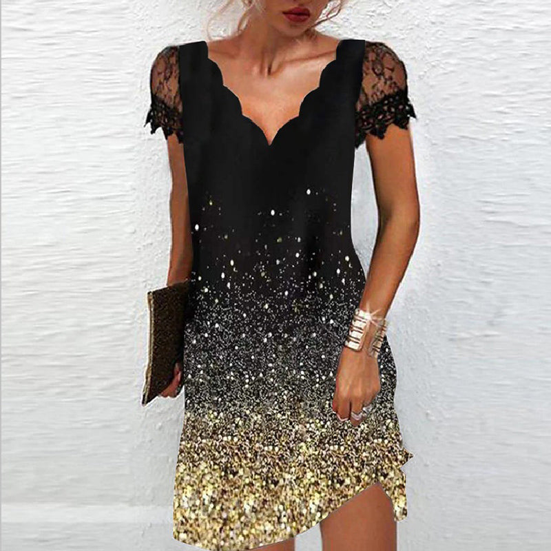 Robe de soirée glamour Amara, détails scintillants, motif paillettes chic, confort estival élégant, vue de face.