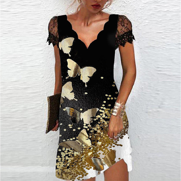Robe de soirée glamour Amara, détails scintillants, motif paillettes chic, confort estival élégant, vue de face.