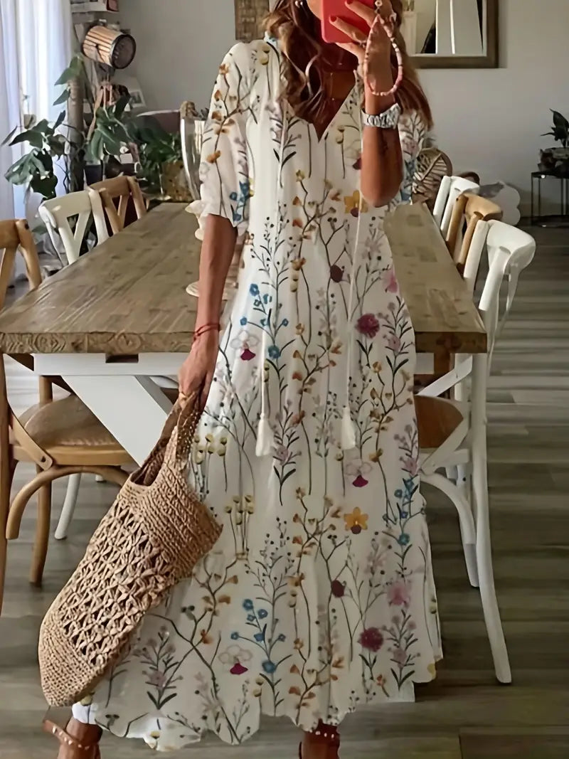 "Robe d'été bohème chic MonVie vue latérale, fluide et élégante, robe femme idéale pour un été confortable et stylé."