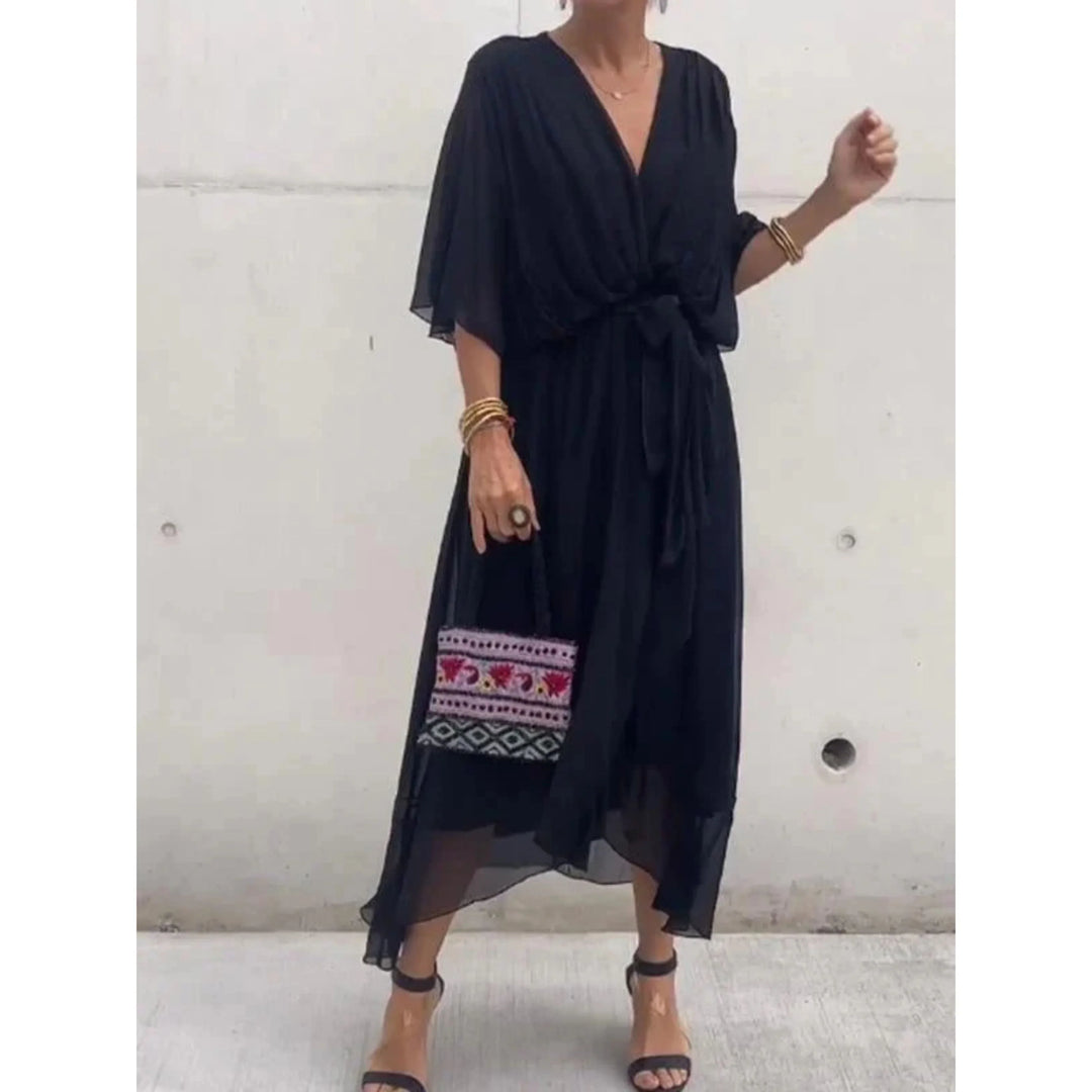 Robe d'été chic pour femme, col V, mousseline de soie, manches 3/4, design ample, idéal pour l'été.