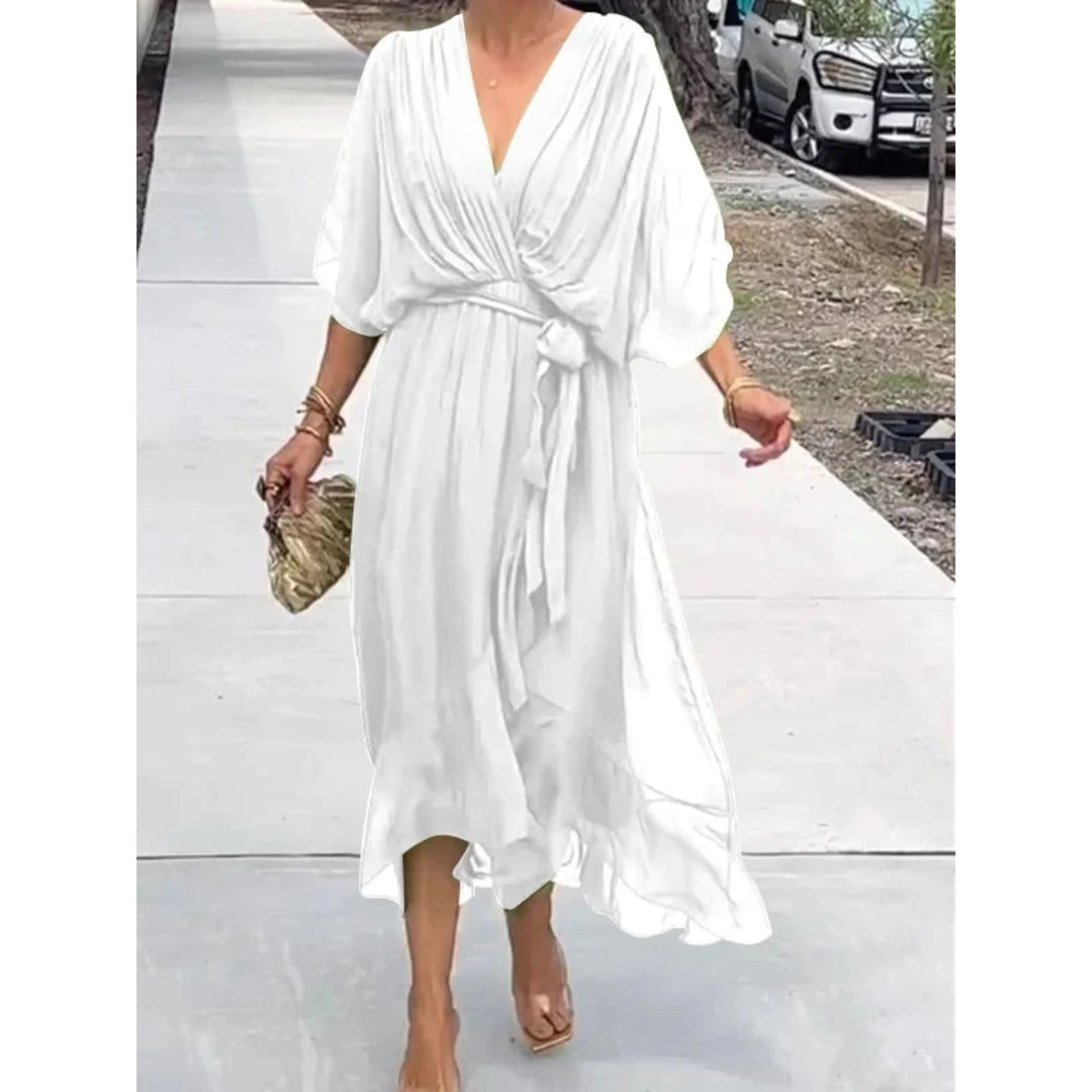 Robe d'été chic pour femme, col V, mousseline de soie, manches 3/4, design ample, idéal pour l'été.