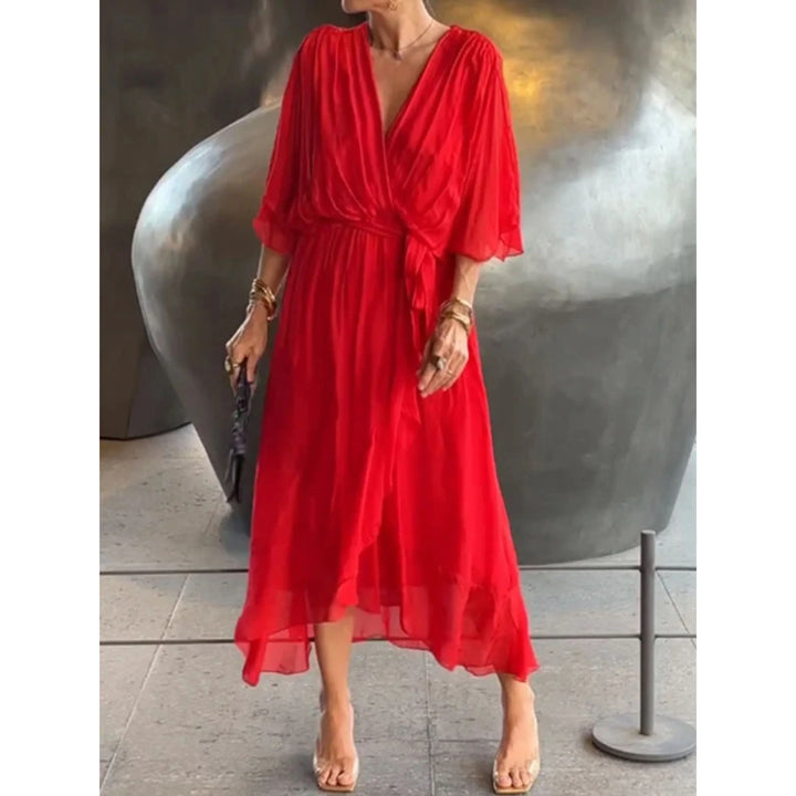 Robe d'été chic pour femme, col V, mousseline de soie, manches 3/4, design ample, idéal pour l'été.