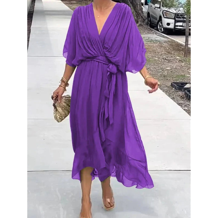 Robe d'été chic pour femme, col V, mousseline de soie, manches 3/4, design ample, idéal pour l'été.