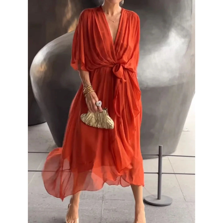 Robe d'été chic pour femme, col V, mousseline de soie, manches 3/4, design ample, idéal pour l'été.