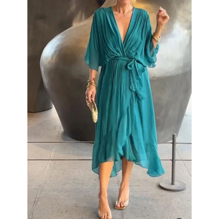 Robe d'été chic pour femme, col V, mousseline de soie, manches 3/4, design ample, idéal pour l'été.