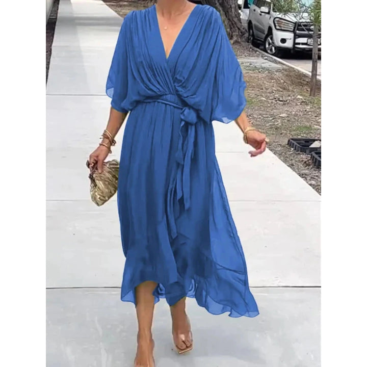 Robe d'été chic pour femme, col V, mousseline de soie, manches 3/4, design ample, idéal pour l'été.