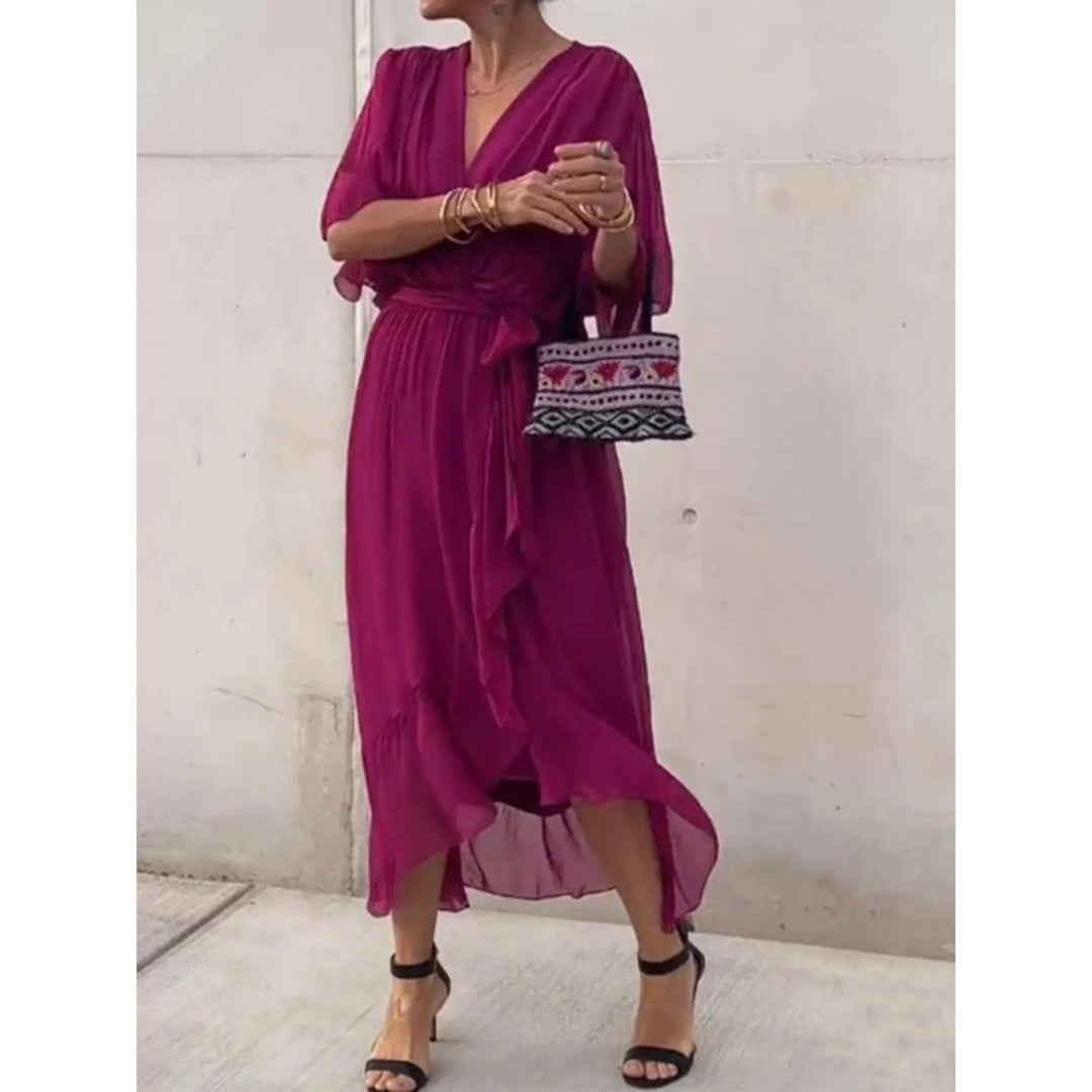 Robe d'été chic pour femme, col V, mousseline de soie, manches 3/4, design ample, idéal pour l'été.