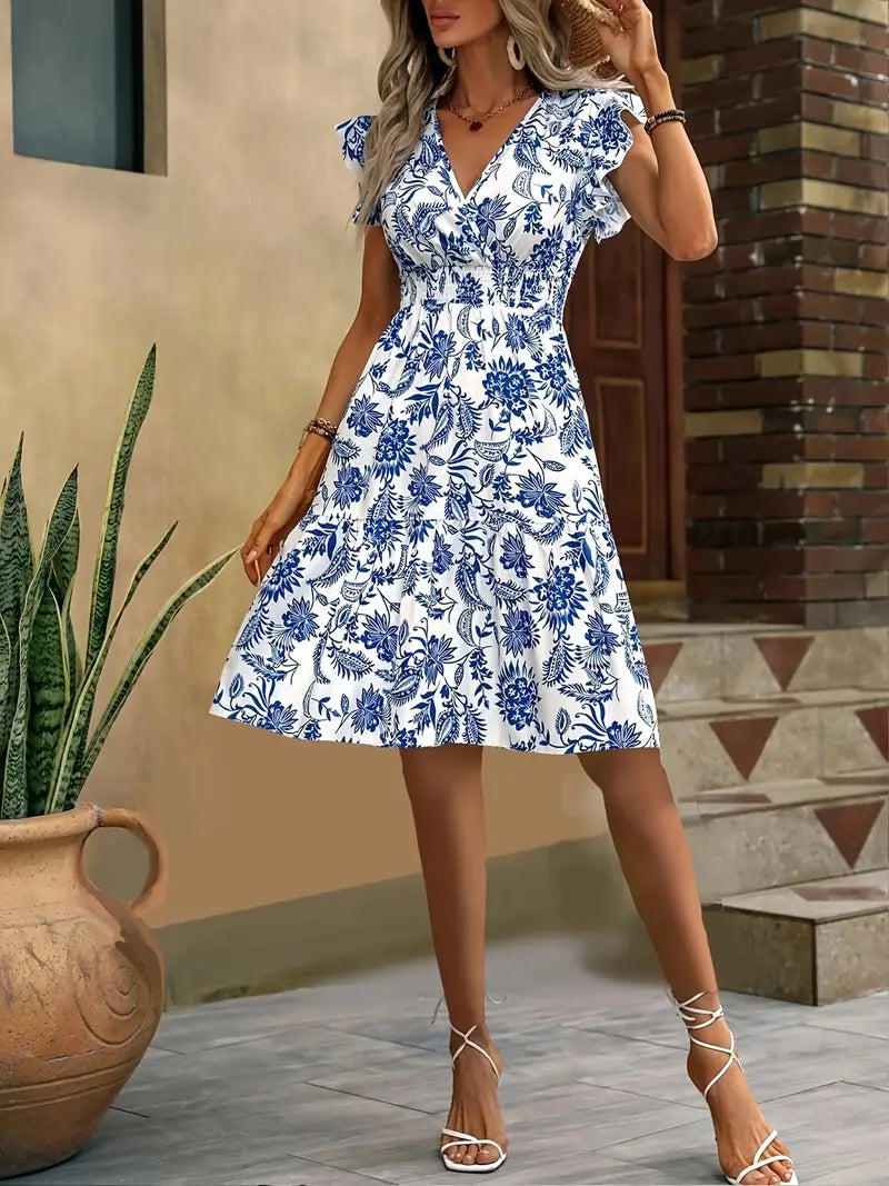 Robe d'été col V élégante avec volants, taille froncée, imprimé floral et manches papillon, parfaite pour sorties estivales.