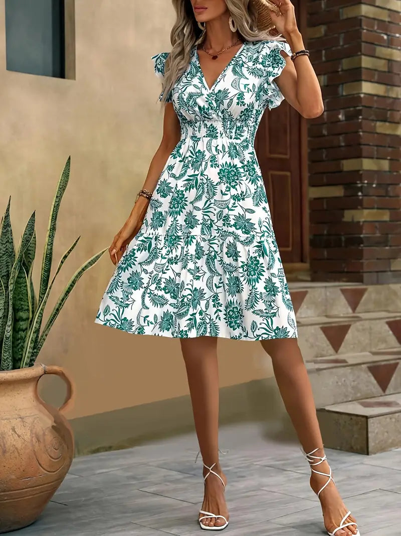 Robe d'été col V élégante avec volants, taille froncée, imprimé floral et manches papillon, parfaite pour sorties estivales.