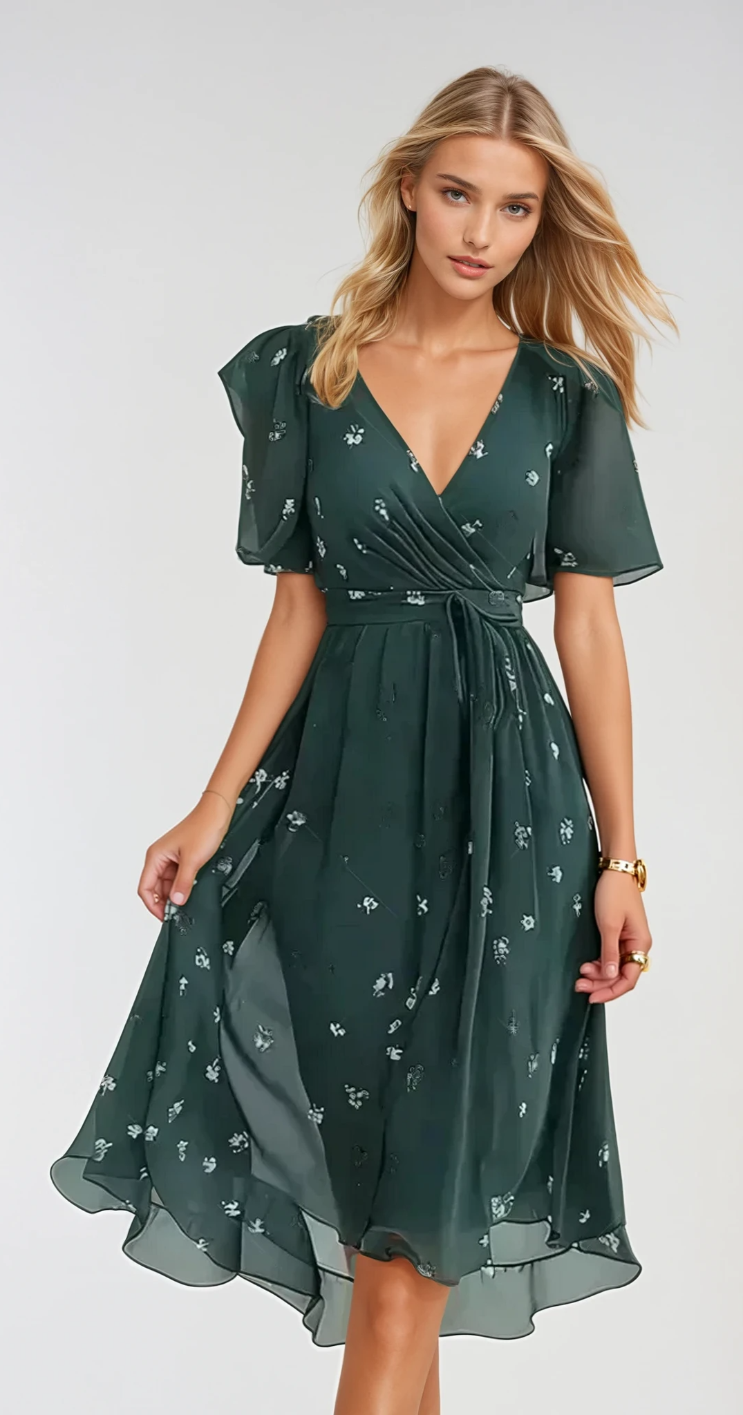 "Robe d'été femme élégante avec col V et manches papillon, tissu fluide léger, idéale pour journées ensoleillées."