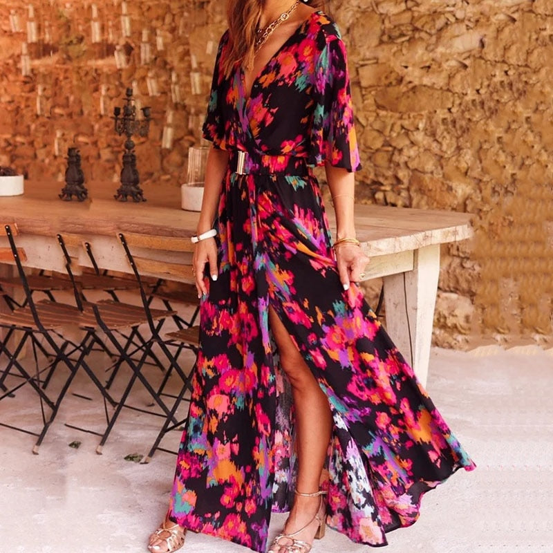 "Robe d'été maxi chic et confortable, longueur élégante, idéale pour silhouette féminine raffinée et moments estivaux."