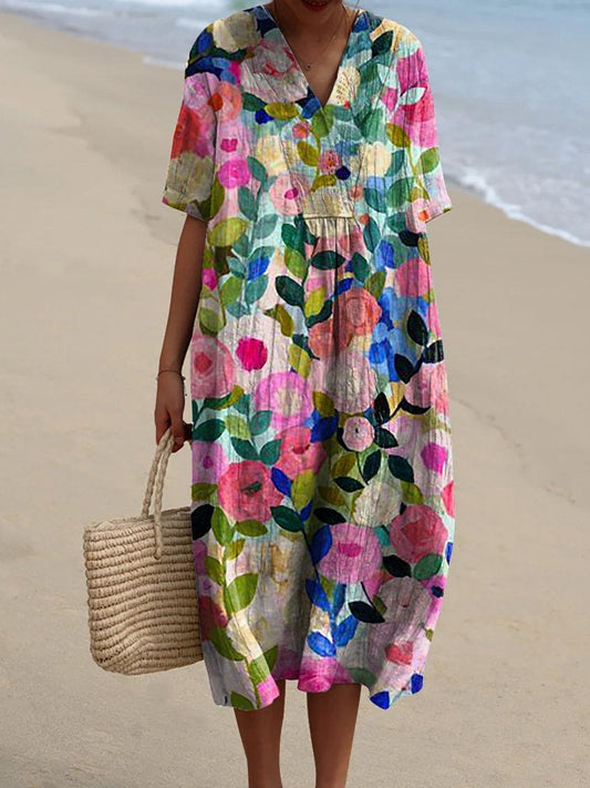 "Robe d'été Odile en coton-lin, motifs floraux, coupe élégante et confortable, idéale pour vos journées estivales."