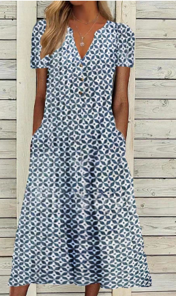 Robe droite col V avec imprimé patchwork, élégante et confortable, motifs artistiques, pour femmes, vue de face.