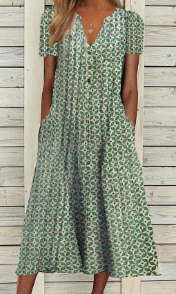 Robe droite col V avec imprimé patchwork, élégante et confortable, motifs artistiques, pour femmes, vue de face.