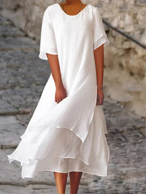 "Robe élégante en coton et lin double couche avec boutons, coupe flatteuse, idéale pour style chic et confort estival."