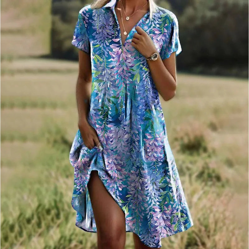 "Robe élégante florale avec col V, motifs floraux délicats, boutons raffinés, silhouette flatteuse, allure confiante."