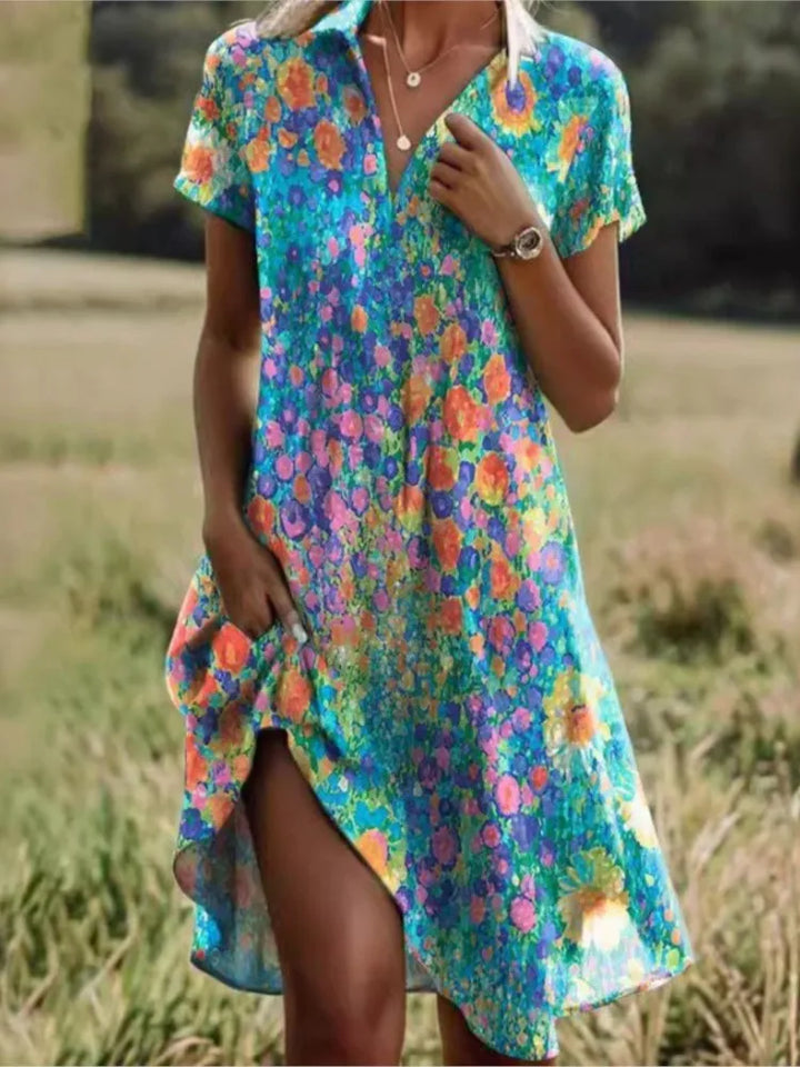 "Robe élégante florale avec col V, motifs floraux délicats, boutons raffinés, silhouette flatteuse, allure confiante."