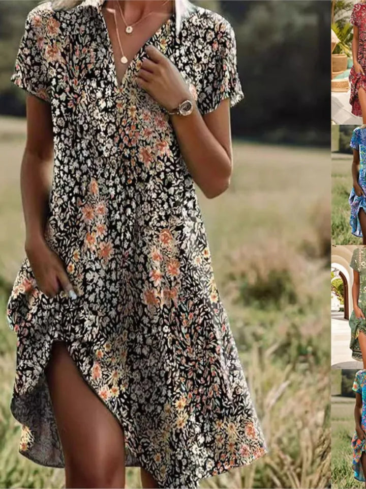 "Robe élégante florale avec col V, motifs floraux délicats, boutons raffinés, silhouette flatteuse, allure confiante."