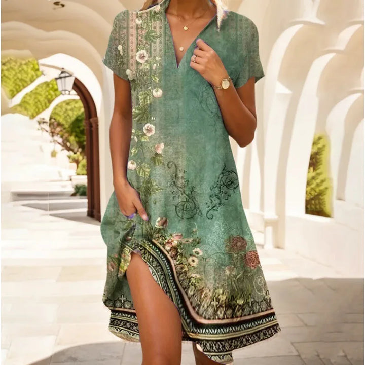 "Robe élégante florale avec col V, motifs floraux délicats, boutons raffinés, silhouette flatteuse, allure confiante."