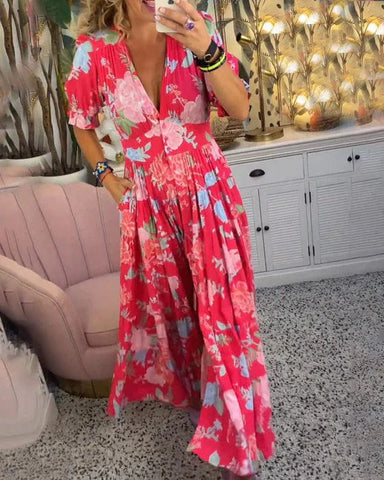 "Robe élégante Juliette flottante en tissu léger, encolure en V, cintrée à la taille, idéale pour toutes occasions."