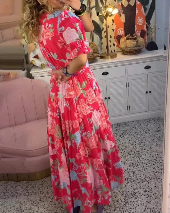 "Robe élégante Juliette flottante en tissu léger, encolure en V, cintrée à la taille, idéale pour toutes occasions."